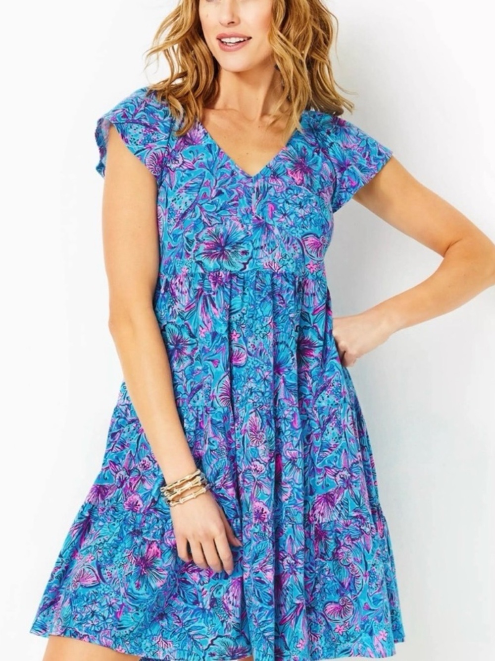 Lilly Pulitzer Kawai flutter sleeve dress in breakwater blue shelves and bells M